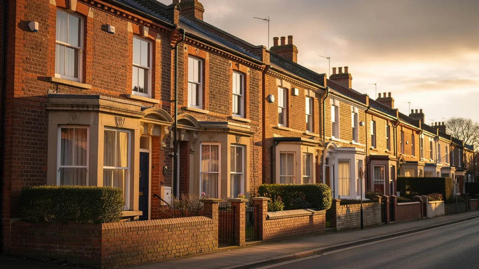 A quiet street of UK brick terraced houses at golden hour