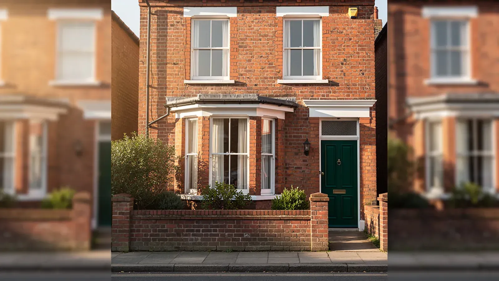 A red-brick UK Victorian house with a bay window and a green front door